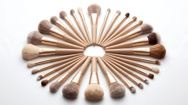 Collection of professional makeup brushes arranged in circular pattern on white background with cosmetic professional application