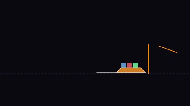Minimalist loading animation with colorful blocks moving along a path on dark 4k background, motion