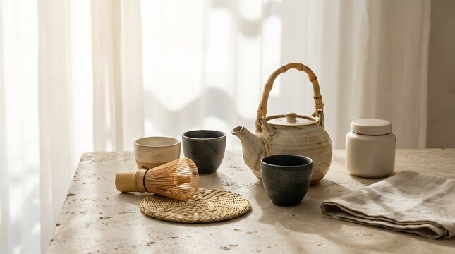 Traditional japanese tea set with matcha whisk, ceramic teapot, and cups on a textured stone table in soft natural sunlight