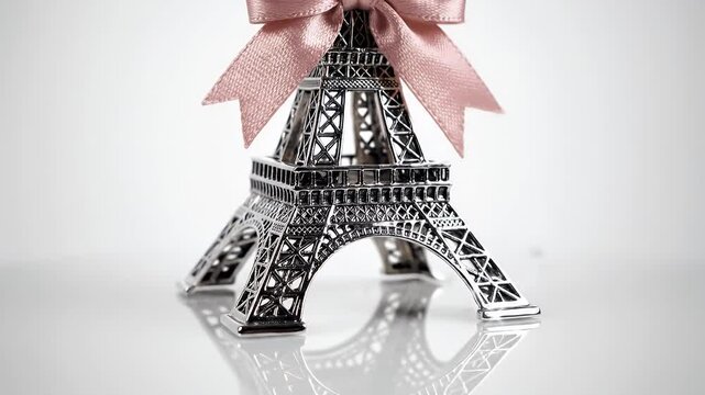 Miniature Eiffel Tower Decorated with a Large Pink Satin Bow for Gift Presentation