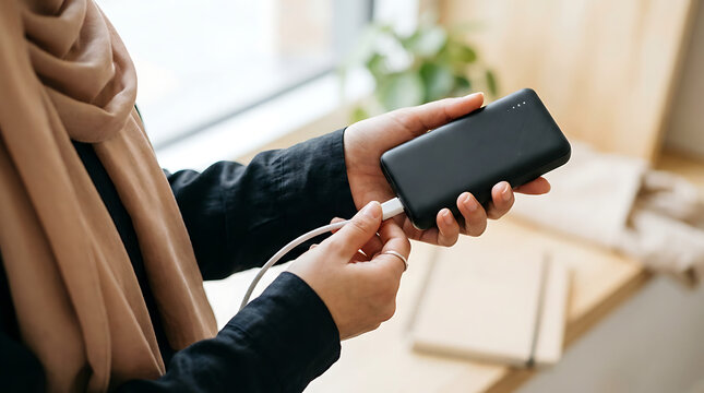 Woman Wearing Hijab Connects Charger to Power Bank for Convenient Device Charging
