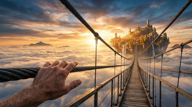 Hand Holding Metal Cable on Suspension Bridge at Sunrise with Ocean View