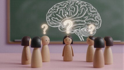 Fototapeta premium Wooden figures gather before chalkboard, brain and question marks symbolize curiosity.