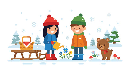 Fototapeta premium Two children and a small bear enjoy a snowy day outdoors as the girl waters colorful flowers blooming through the snow near a wooden sled.