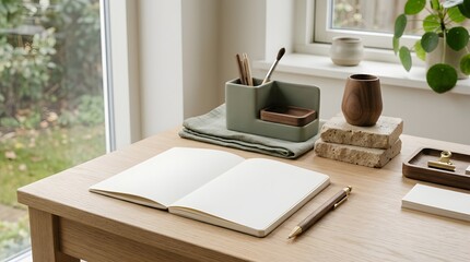 Fototapeta premium Minimalist desk setup with an open notebook, wooden pen, and sage green stationery organizer on a light oak table near a window