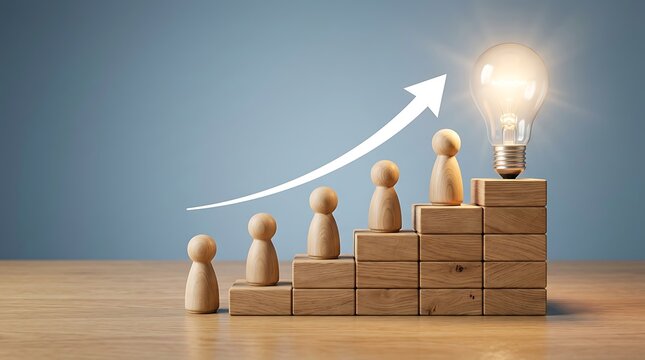 Wooden Figurines Ascending Stairs with Growing Arrow and Illuminated Light Bulb Symbolizing Business Growth and New Ideas