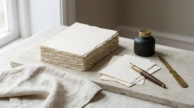 Stack of handmade deckle edge paper with a fountain pen, inkwell, and letter opener on a stone surface