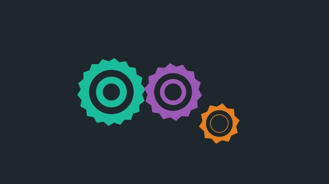 Three colorful gear icons arranged horizontally on a dark solid background