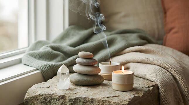 Zen composition with stacked stones, burning incense, a lit candle, and a clear quartz crystal on a rustic stone surface with soft blankets by a window
