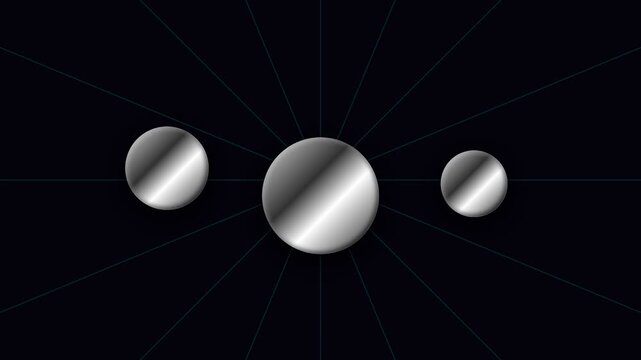 Three monochromatic chrome spheres arranged horizontally on a black background