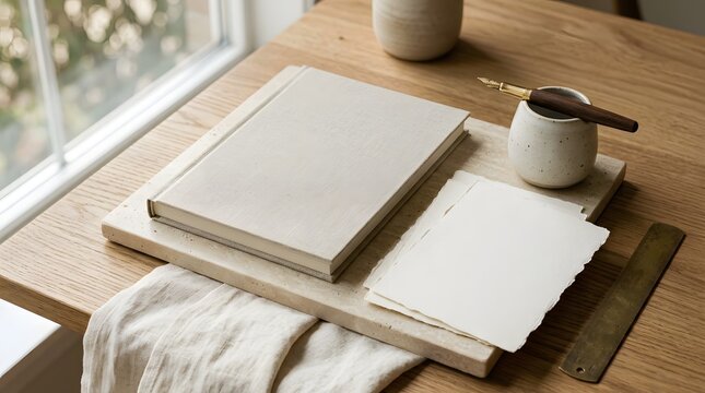 Minimalist stationery mockup with blank linen notebook, handmade deckle edge paper, fountain pen, and brass ruler on wooden desk near window