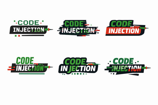 Code injection concept set presenting various visual interpretations of software vulnerabilities, cyber attacks, and data breaches, featuring text with digital glitch effects and syringe metaphors