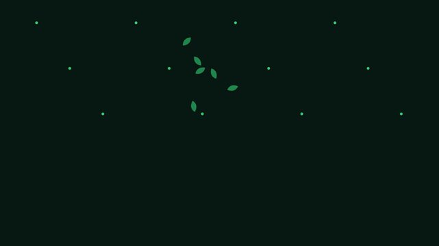 Minimalist pattern of small green leaves and dots on a deep black background