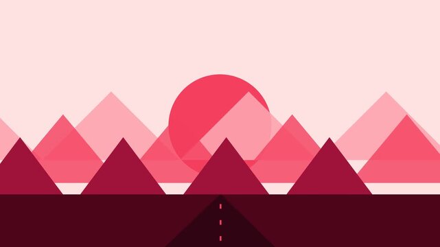 Minimalist geometric mountain landscape with a vibrant red sun at twilight
