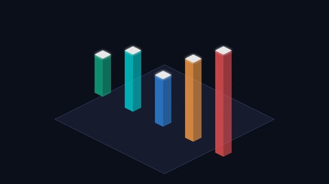 Minimalist isometric bar chart visualization on a dark background plane