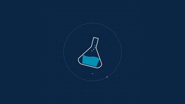Minimalist icon of an erlenmeyer flask with blue liquid on a dark background