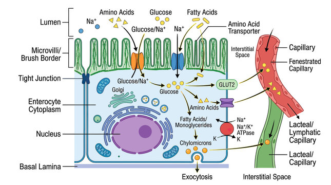 Intestinal Absorption Process: Nutrient Transport Across Enterocyte to Capillary