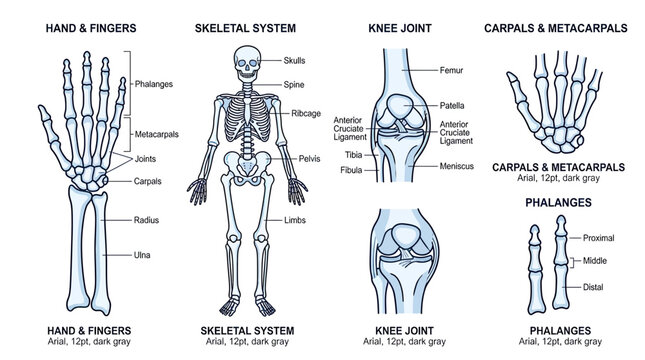 Human Skeletal System Anatomy: Hand, Knee, Phalanges, Carpals