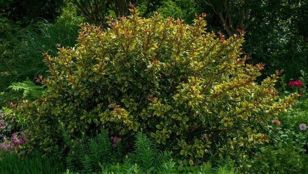 Variegated Aucuba shrub, also known as Japanese laurel or gold dust plant.