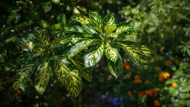 Variegated leaves of spotted aucuba japonica.