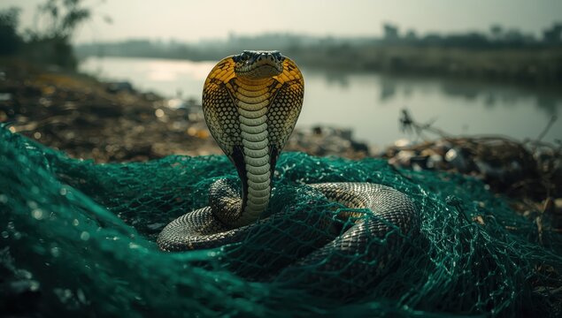 Venomous Indian cobra trapped in a fishing net.