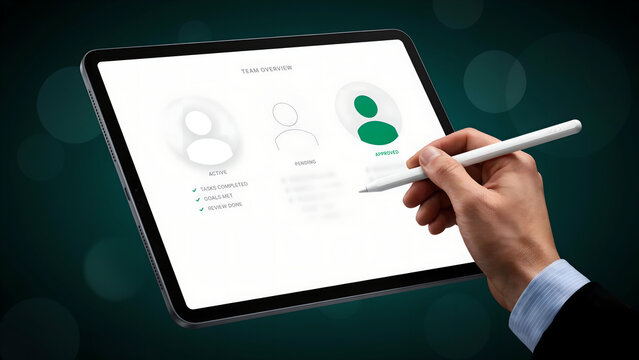 Business professional using a digital tablet with a stylus to manage team tasks and project status overview