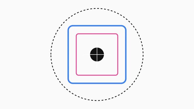 A geometric composition of nested squares and a central circular target icon