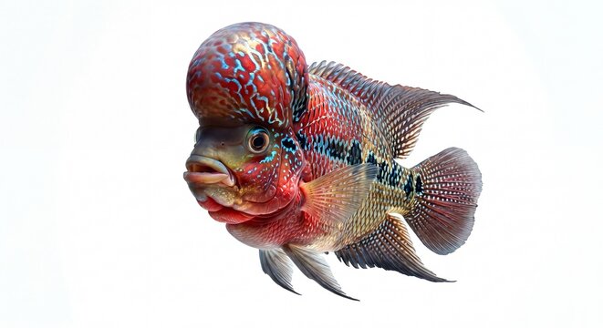 A vibrant flowerhorn cichlid with a prominent nuchal hump swimming against a plain white backdrop.