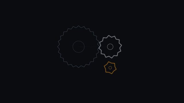 Minimalist outline illustration of three interlocking gears on black background