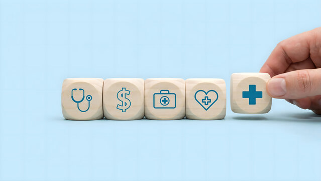 Wooden blocks with medical and financial icons, hand placing a plus sign block, healthcare and insurance concept