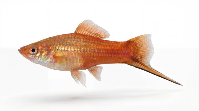A vibrant orange swordtail fish captured in a side profile view against a bright white background.