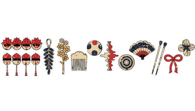 Kanzashi Hair Ornament Row Flat Vector Illustration Vintage Geisha Stamp Badge Collection Set with Tsumami Kanzashi Kushi Comb and Bira Bira Pin Isolated for Marketing Packaging and Presentations