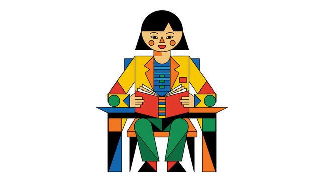 Cheerful Young Girl Reading Book in Colorful Flat Design Style Vector Illustration child education study lines digital cartoon character school