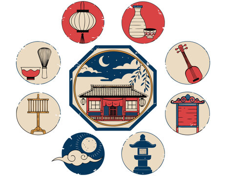 Japanese Teahouse Night Medallion Flat Vector Illustration Vintage Geisha Stamp Badge Collection Set with Sake Tokkuri Shamisen and Chochin Lantern Isolated for Marketing Packaging and Presentations