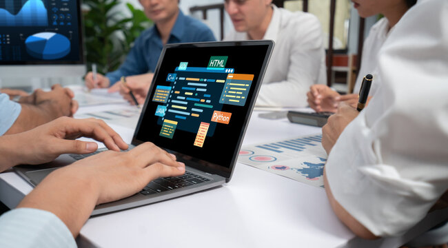 Software development or programming work with coding screen of various programming languages like HTML, , , and C brisk for new application development