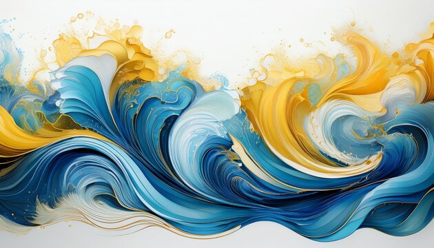 Olas Vibrantes De Agua Azul Y Amarilla Con Elementos Marinos Abstractos Sobre Fondo Blanco