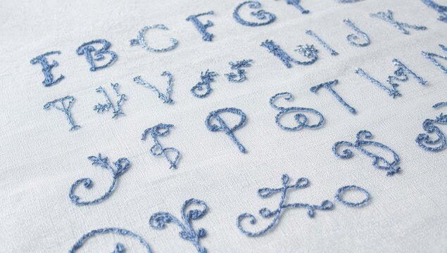 blue line-stitched alphabet on white cloth