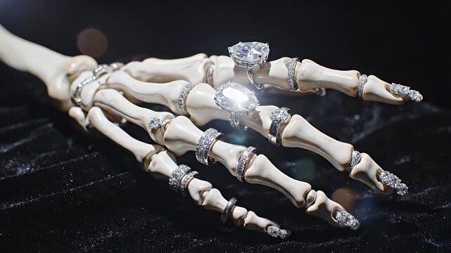 Ornately Jewelry-Adorned Skeleton Hand Pose Displayed on Dark Velvet Surface