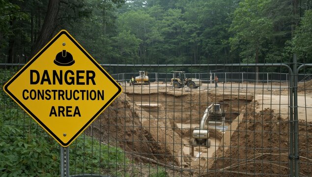 Caution sign alerting the public to a construction area beyond the fence. New drainage work is creating deep holes and excavations.