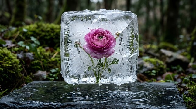 A single pink rose frozen in a clear ice cube, set against a mossy forest background.