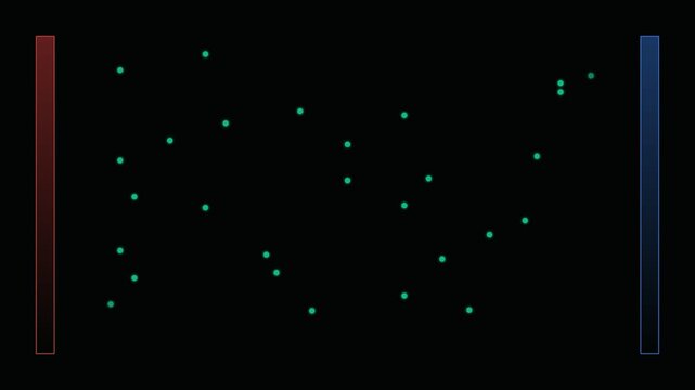 Abstract digital visualization of scattered green nodes on black background