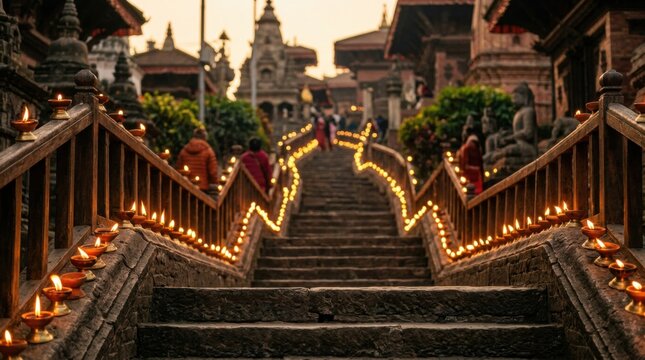 Traditional oil lamps lit on stone temple stairs during a religious festival