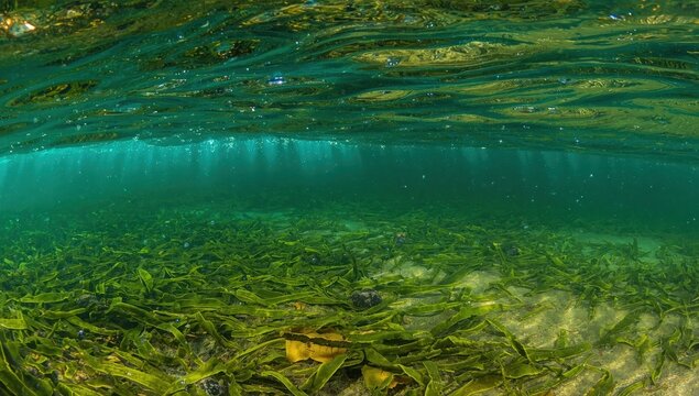 green ulva patch, shredded algae on sandy floor, reflective surface, shallow water snorkeling, oxygen bubbles, low salinity Black Sea habitat, turbid water, smooth wave flow