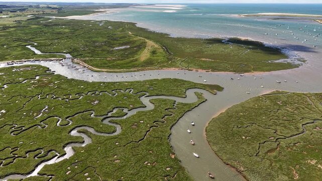 Aerial view of Morston Quay in Blakeney National Nature Reserve, UK