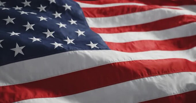 United States flag waving in close up, showing stars and stripes.