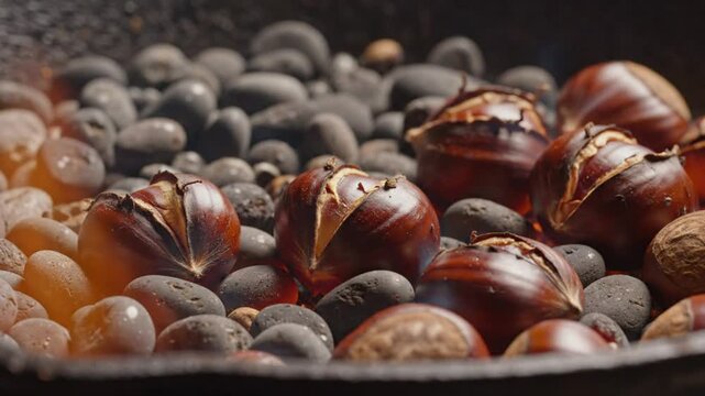 Close-up shot of roasted chestnuts cooking on hot stones, offering a warm and inviting food experience.