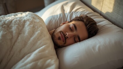 Obraz premium Intimate image of a weary young man with a beard peacefully resting on his side in a spacious bed, covered by a white blanket, enjoying a nice dream at home.