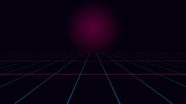 A dark synthwave landscape featuring a glowing purple sun on the horizon
