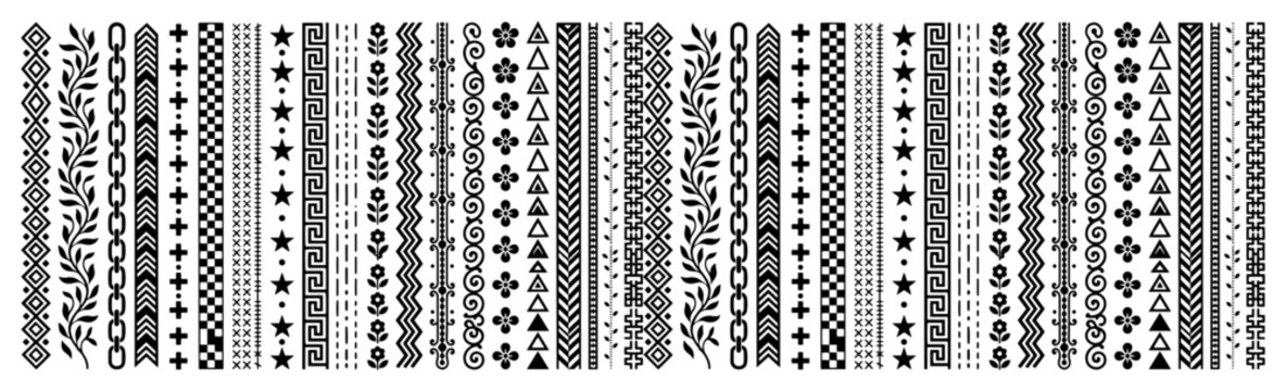Decorative border dividers set with various geometric patterns and ornamental trims in minimalist style