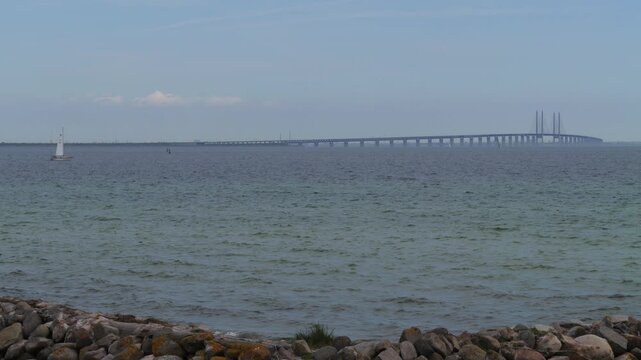 Wide view of Oresund bridge landmark connecting Denmark and Sweden